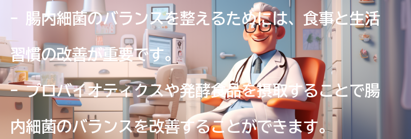 腸内細菌のバランスを整えるための食事と生活習慣の改善方法の要点まとめ